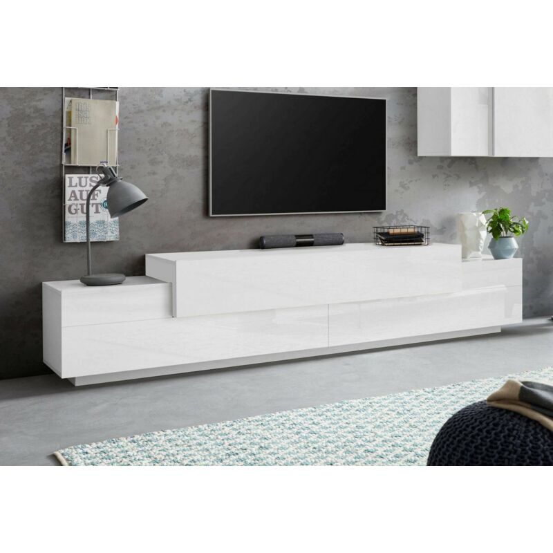 Dmora - Meuble tv Dlamann, Buffet bas de salon, meuble tv, 100% Made in Italy, 240x45h52 cm, Blanc brillant et mat