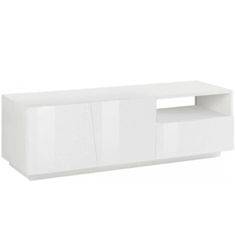 Dmora – Meuble TV Dlandon blanc brillant 150x43x46 cm – Buffet bas de salon avec 2 portes – Stratifié résistant aux chocs et rayures - 150x43h46