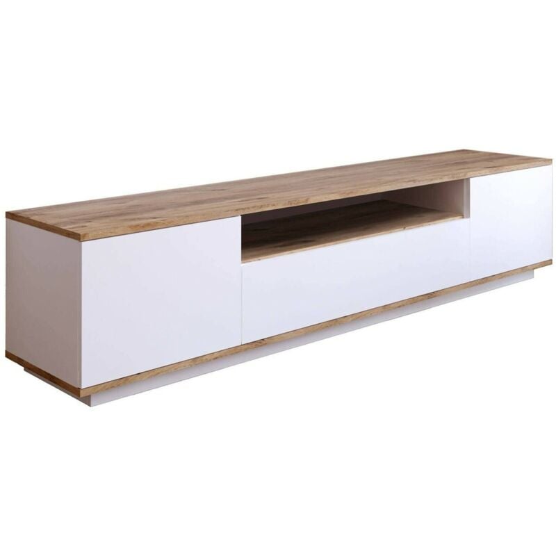 Dmora - Meuble tv Dpierott, Buffet de salon, Armoire basse pour tv, Base murale de rangement, 180x45h45 cm, Chêne et Blanc