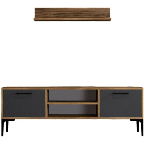Dmora - Meuble TV Dpiston, Buffet de salon, Armoire basse pour TV, Base murale de rangement, 140x30h48 cm, Noyer et Anthracite