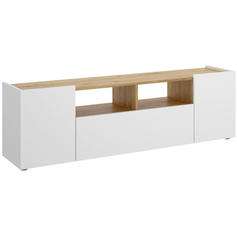 Meuble tv Etna, Buffet bas pour le salon, Buffet tv pour le salon, 142x35h44 cm, Blanc et Chêne Nodi - Dmora