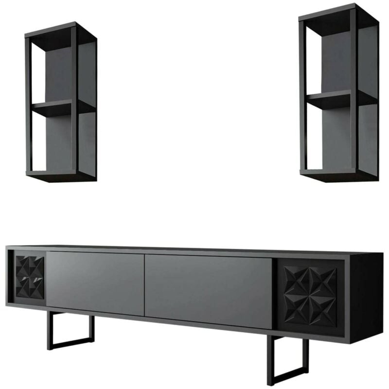 Meuble tv Kaus, Buffet de salon, Armoire basse pour tv, Base murale de rangement, 180x30h48 cm, Anthracite et Noir, avec emballage renforcé - Dmora