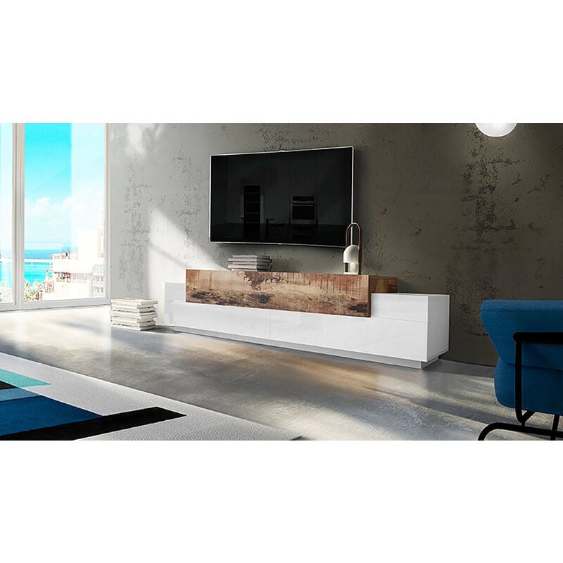 Dmora - Meuble tv Dlamann, Buffet bas de salon, base meuble tv, 100% Made in Italy, 240x45h52 cm, Blanc brillant et Érable
