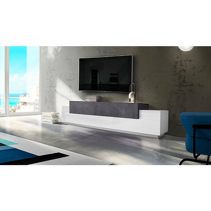 Dmora - Meuble tv de salon, Made in Italy, Meuble tv avec 3 portes et étagères, 240x45h52 cm, couleur Blanc Brillant et Gris Frêne, avec emballage