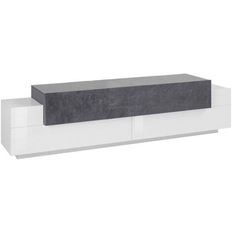 Dmora – Meuble TV moderne 200x45h52 cm – Stratifié résistant aux chocs – 3 portes avec rangement – Blanc brillant et gris frêne