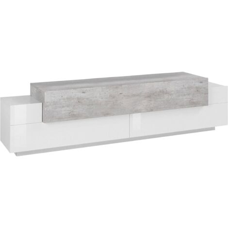 Dmora – Meuble TV moderne 200x45x52 cm – Stratifié blanc brillant et ciment – 3 portes avec charnières métalliques – 100% fabriqué en Italie - 200x45h52