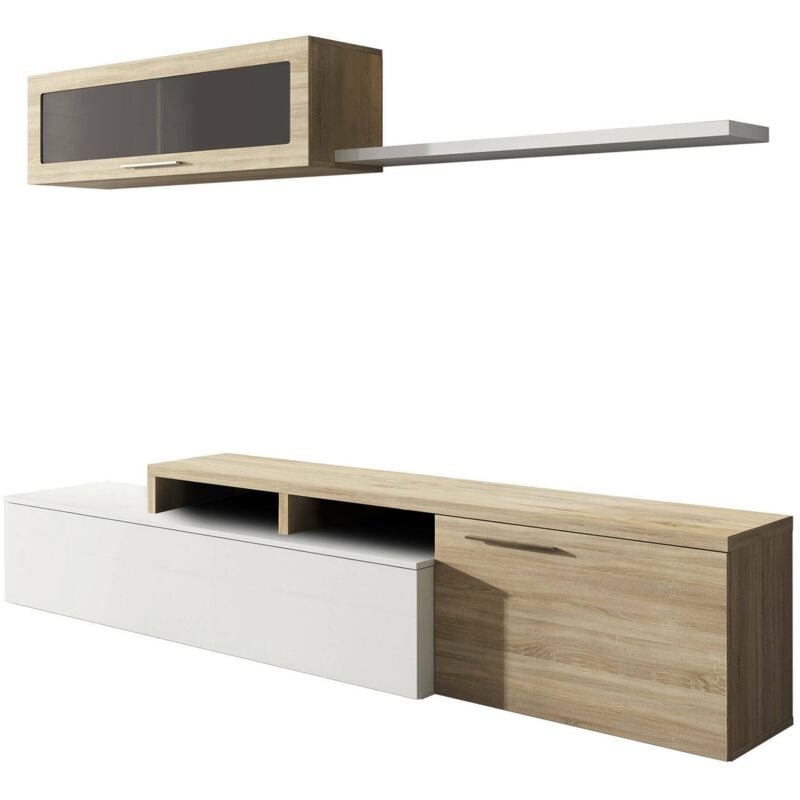 Mur de rangement Chino, Meuble télé pour le salon, Composition salon réversible, Salon d'angle, cm 200x41h44, Chêne et blanc brillant - Dmora