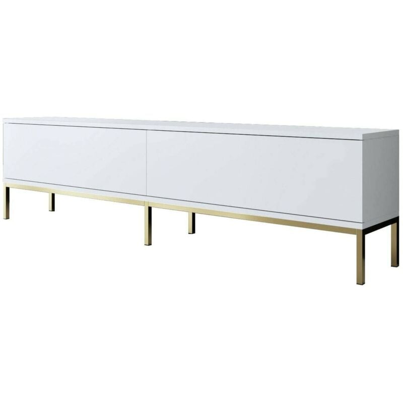 Meuble tv Regulus, Buffet de salon, Armoire basse pour tv, Base murale de rangement, 180x30h47 cm, Blanc et Or, avec emballage renforcé - Dmora