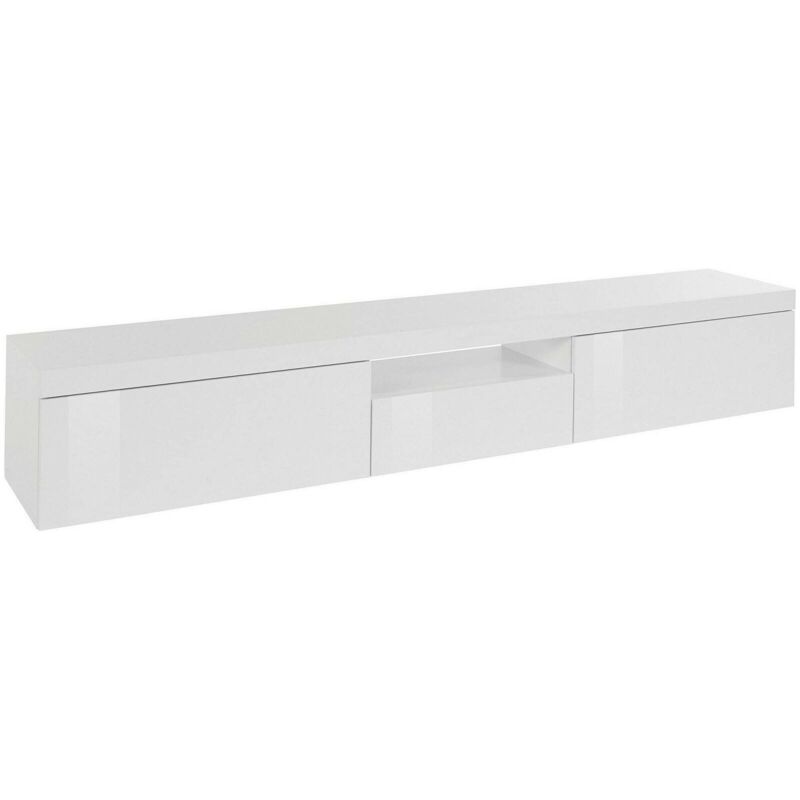 Meuble tv Ulrico, Buffet bas de salon avec 3 portes, Base meuble tv, 220x40h35 cm, Blanc brillant, avec emballage renforcé - Dmora