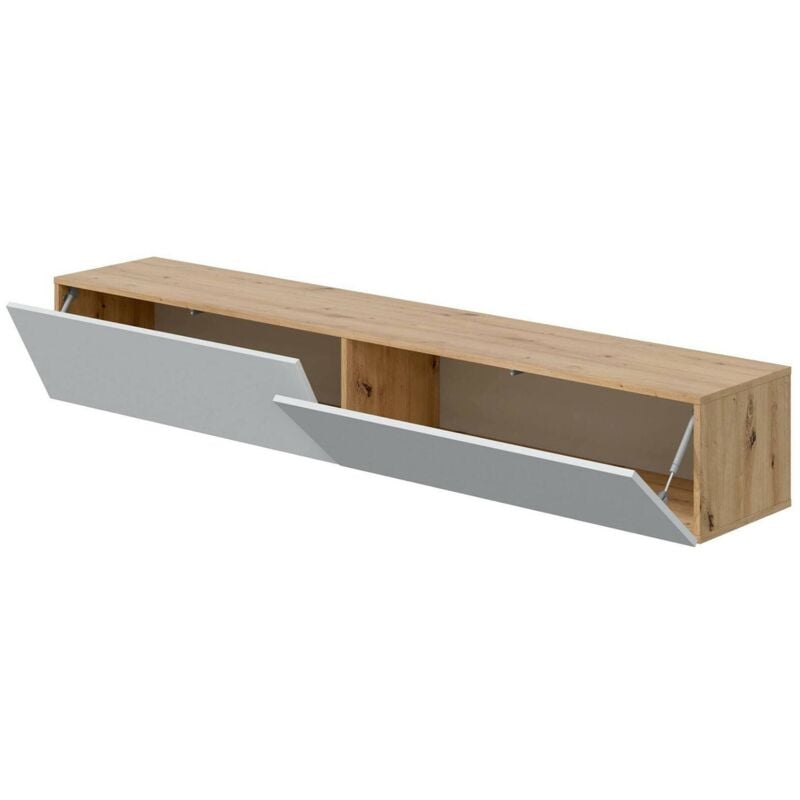 Dmora - Meuble tv Vincennes, Meuble tv avec 2 portes, Meuble de salon suspendu, 180x35h28 cm, Chêne Node et blanc brillant, avec emballage renforcé