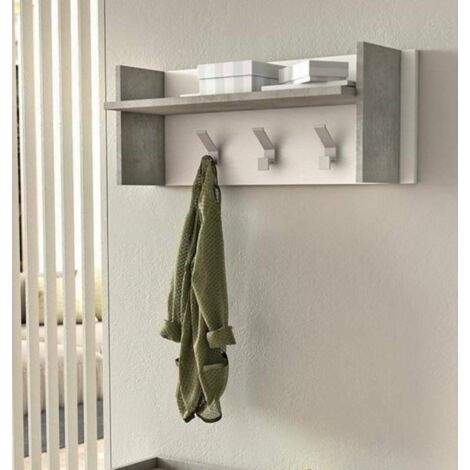 Dmora Mobile appendiabiti da ingresso, 100% Made in Italy, Pannello con mensola e 3 ganci, cm 90x29h34, colore Bianco e Cemento, con imballo rinforzato
