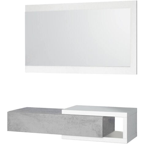 Mobile da ingresso con specchiera, entratina da atrio con cassetti ,  Svuotatasche per piccoli appartamenti, cm 80x28h170, colore Bianco e Cemento