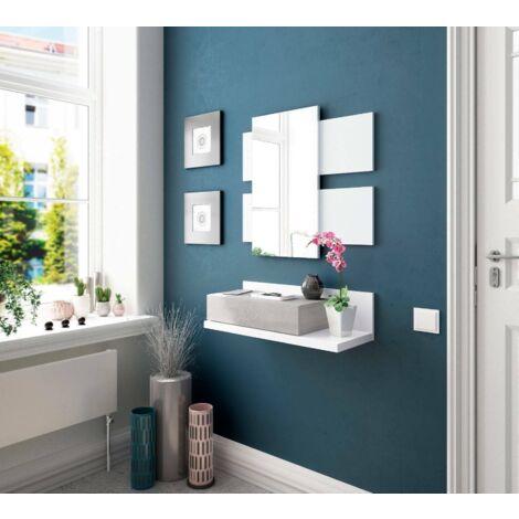 Dmora Mobile da ingresso Erie, Entratina sospesa con specchio, Mobile con cassetto per entrata, cm 75x29h90, Bianco e Cemento
