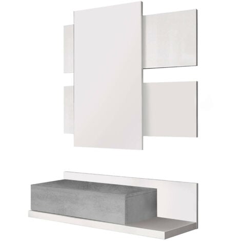 Dmora Mobile da ingresso Erie, Entratina sospesa con specchio, Mobile con cassetto per entrata, cm 75x29h90, Bianco e Cemento, con imballo rinforzato