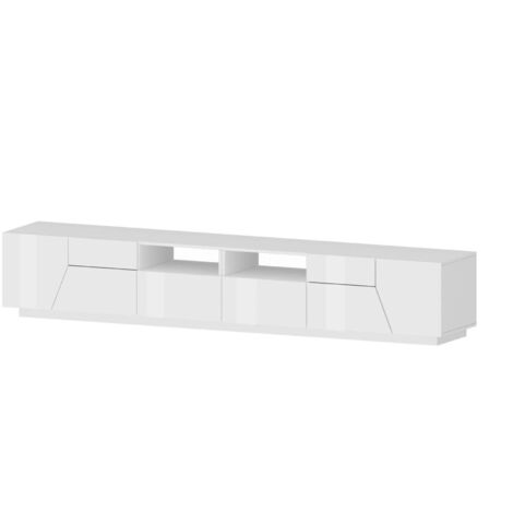 Dmora Mobile da soggiorno Porta TV, Made in Italy, Supporto per TV da salotto a 4 ante geometriche e 2 cassetti, Cm 260x43h46, Bianco lucido, con imballo rinforzato