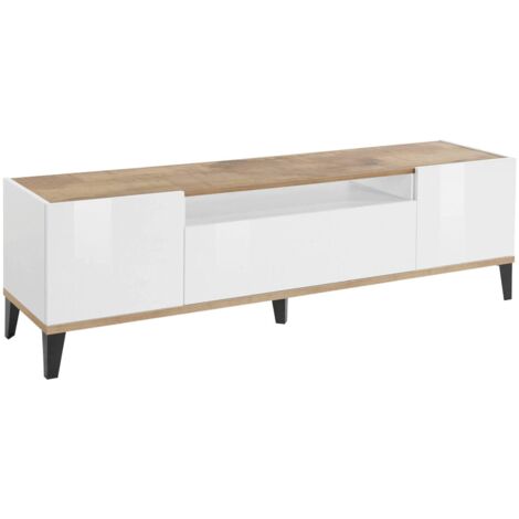 Dmora - Mobile porta TV Argentoro, Credenza bassa da soggiorno a 2 ante, Base porta televisione, 100% Made in Italy, cm 160x40h47, Bianco lucido e Acero