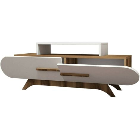 Dmora - Mobile porta TV Baghdad, Credenza da soggiorno, Armadio basso per TV, Base parete attrezzata, 145x37h50 cm, Noce e Bianco