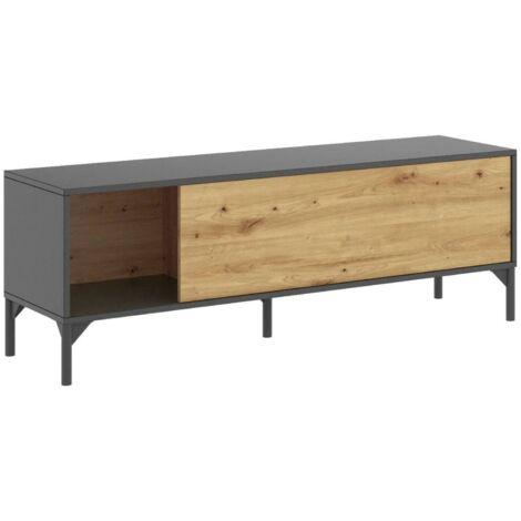 Dmora - Mobile porta TV Olimpo, Credenza bassa da soggiorno, Madia da salotto per televisione, 132x39h44 cm, Rovere Nodi e Antracite, con imballo rinforzato