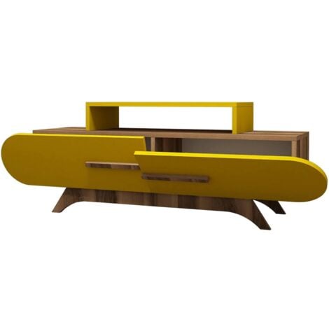 Dmora - Mobile porta TV Praesepem, Credenza da soggiorno, Armadio basso per TV, Base parete attrezzata, 145x37 h50 cm, Noce e Giallo