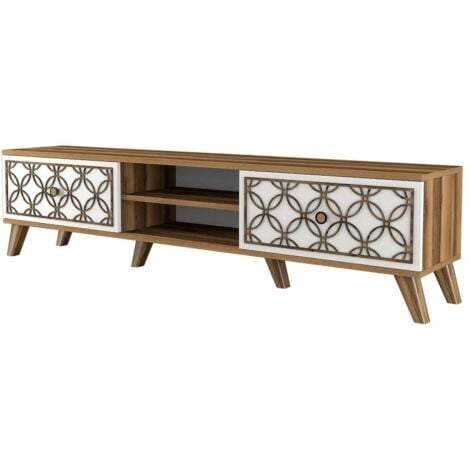Dmora - Mobile porta TV Teia, Credenza da soggiorno, Armadio basso per TV, Base parete attrezzata, 180x35h44 cm, Noce e Bianco