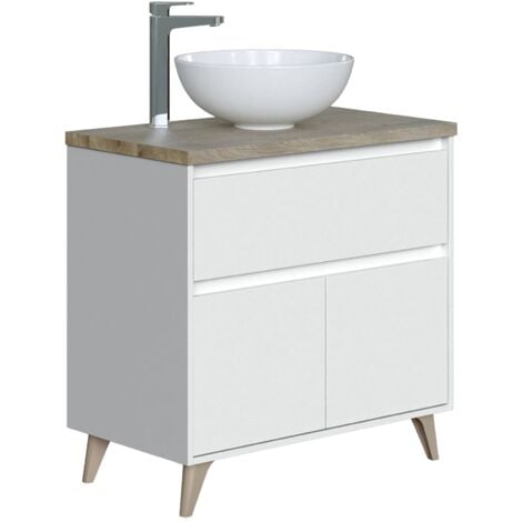 Dmora - Mobile sottolavabo Furie, Mobiletto per bagno a 2 ante e 1 cassetto, Armadietto da terra, lavabo non incluso, 78,5x46h80 cm, Bianco lucido e Olmo