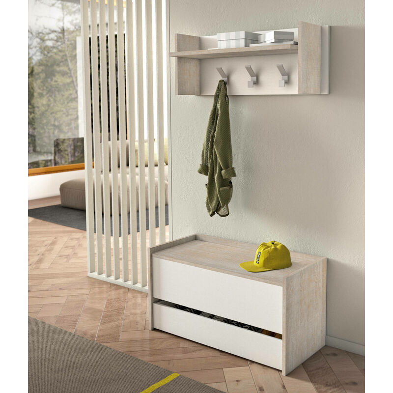 Moderne Eingangsmöbel mit Schuhregal, 100% Made in Italy, Kommode mit zwei Behältern, 90x40h46 cm, Farbe Weiß und Eiche - Dmora