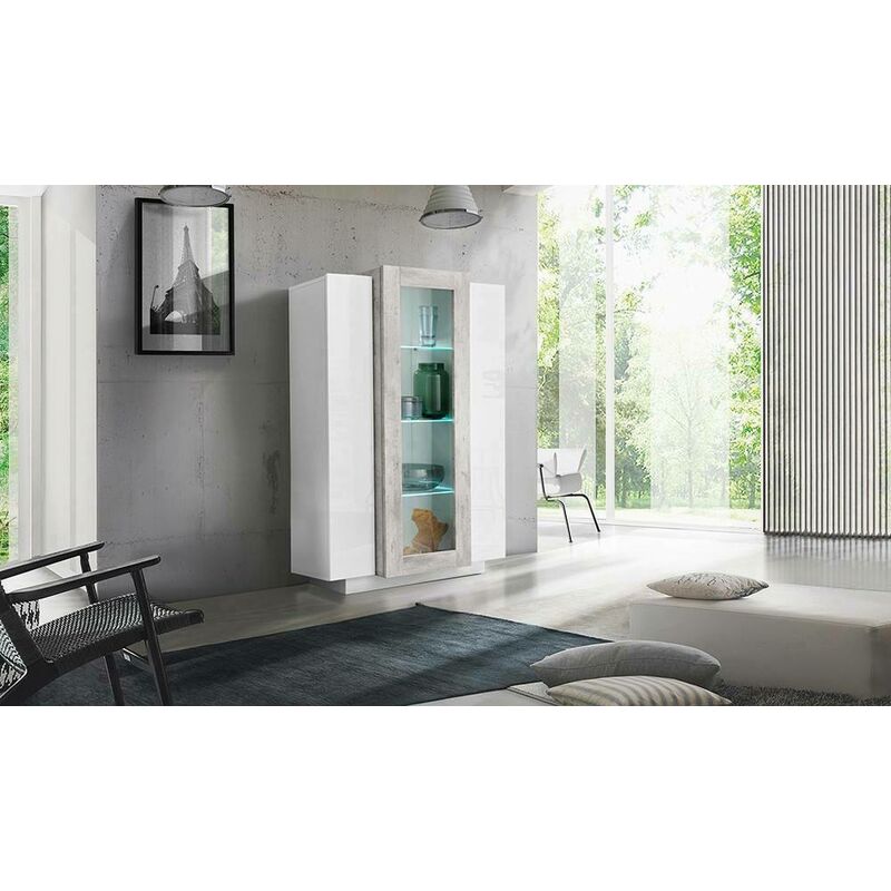 Dmora Moderne Vitrine mit Glastür, Made in Italy, Sideboard mit Regalen, Wohnzimmervitrine, cm 80x38h121, Weiß glänzend und Zementfarbe