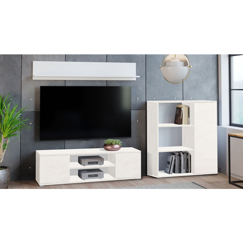 Dmora - Moderne Wohnwand, TV-Schrank mit 1 Sideboard mit Wendetür, passendes Regal, Farbe Weiß