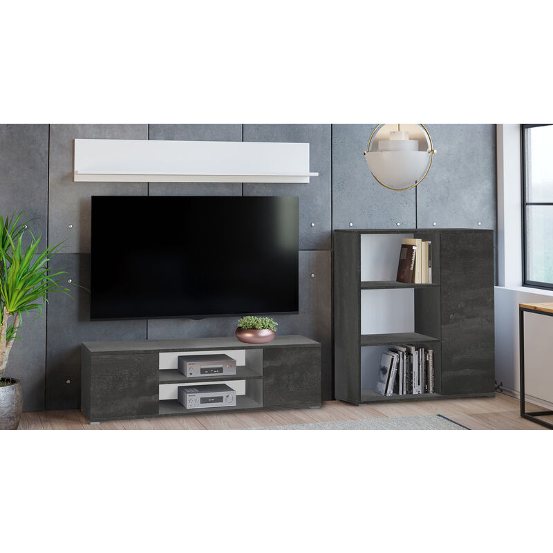 Dmora - Modernes Wohnwand, TV-Schrank mit 1 Sideboard mit Wendetür, passendes Regal, Farbe Anthrazit