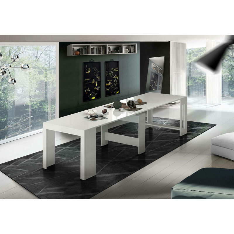 Dmora - Moderner Esstisch, Made in Italy, Ausziehbare Konsole bis 12 Sitzplätze, mit Verlängerungshalter, 51x90h77 cm (bis 300 cm) Farbe Weiß glänzend