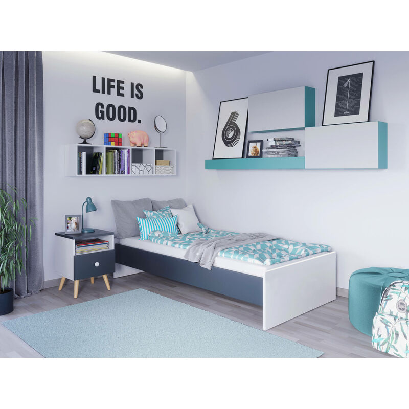 Dmora - Modernes Einzelbett mit Kopfteil, Einzelbett geeignet für eine 90x190 cm Matratze, Farbe Weiß und Grau