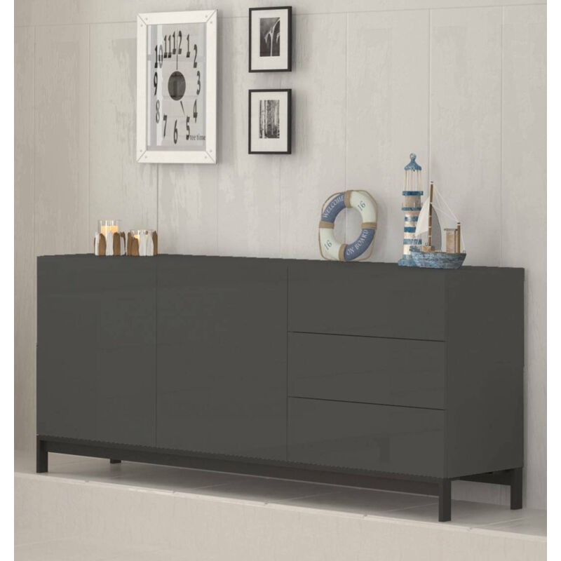 Modernes Sideboard mit 2 Türen und 3 Schubladen, Made in Italy, Erhöhtes Küchen-Sideboard, Wohnzimmer-Design-Buffet, 170x40h47 cm, Farbe Anthrazit