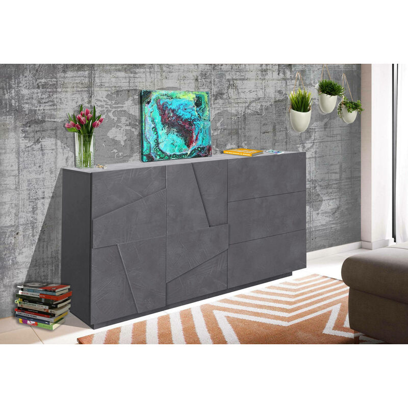 Dmora Modernes Sideboard mit 2 Türen und 3 Schubladen, Made in Italy, Küchen-Sideboard mit Detail, Wohnzimmer-Design-Buffet, cm 143x44h86, Farbe