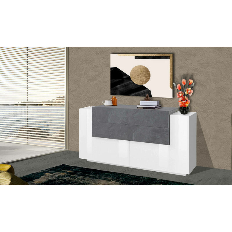 Modernes Sideboard mit 2 Türen und 4 Schubladen, Made in Italy, Küchen-Sideboard, Wohnzimmer-Design-Buffet, 160x45h86 cm, Weiß glänzend und