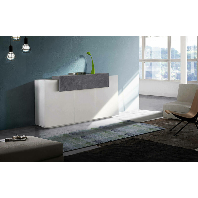 Modernes Sideboard mit 3 Türen, Made in Italy, Küchen-Sideboard, Wohnzimmer-Design-Buffet, 160x45h86 cm, Farbe Weiß glänzend und Aschgrau - Dmora
