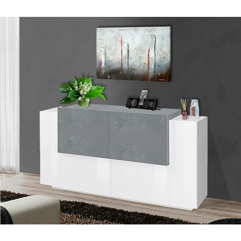 Dmora - Modernes Sideboard mit 4 Türen, Made in Italy, Küchen-Sideboard, Wohnzimmer-Design-Buffet, 160x45h86 cm, Weiß glänzend und Zementfarbe