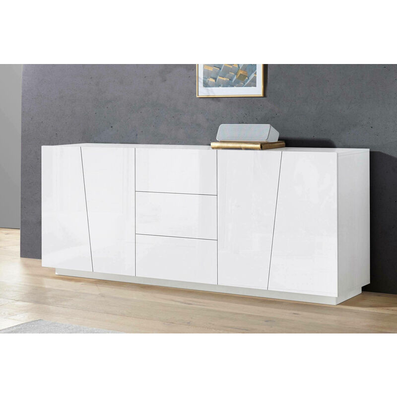 Dmora Modernes Sideboard mit 4 Türen und 3 Schubladen, Made in Italy, Küchen-Sideboard, Wohnzimmer-Design-Buffet, 220x43h86 cm, glänzend weiße Farbe