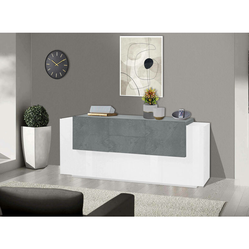 Modernes Sideboard mit 5 Türen und 2 Schubladen, Made in Italy, Küchen-Sideboard, Wohnzimmer-Design-Buffet, 220x45h86 cm, Weiß glänzend und