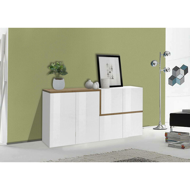 Dmora - Modernes Sideboard mit 6 Türen, Made in Italy, Küchen-Sideboard, Wohnzimmer-Design-Buffet, 160x40h80 cm, Glanzweiß und Birnenfarbe