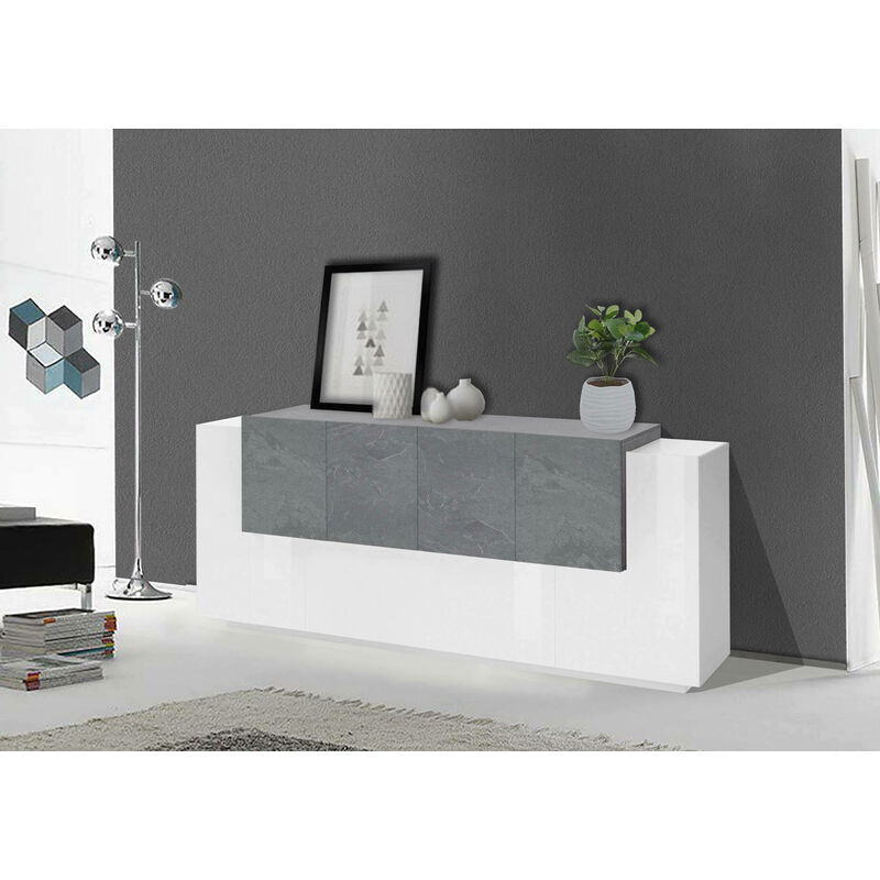 Modernes Sideboard mit 7 Türen, Made in Italy, Küchen-Sideboard, Wohnzimmer-Design-Buffet, cm 200x45h86, glänzend weiß und schiefergrau - Dmora