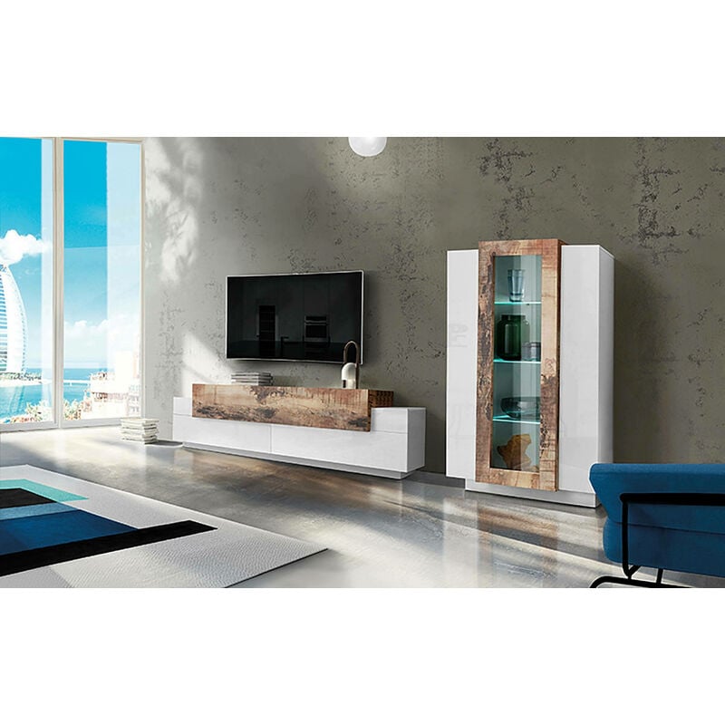 Dmora - Modulare Wohnwand, Made in Italy, mit weißem LED-Licht, TV-Ständer und Vitrine, Modernes Wohnzimmer-Set, 290x45h121 cm, Glanzweiß und