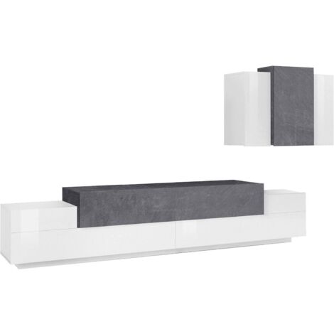 Dmora Modulares Wohnzimmerwandsystem, Made in Italy, TV-Ständer und Hängeschrank, 280x45h180 cm, glänzend weiß und aschgrau