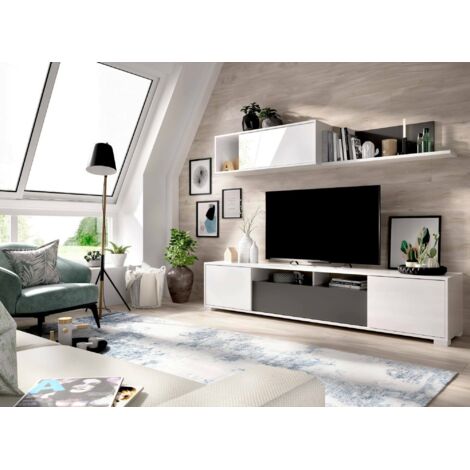 Dmora - Mueble alto Dfalcon, Conjunto de salón con soporte TV, Mueble de salón polivalente, 200x41h180 cm, Blanco y Antracita