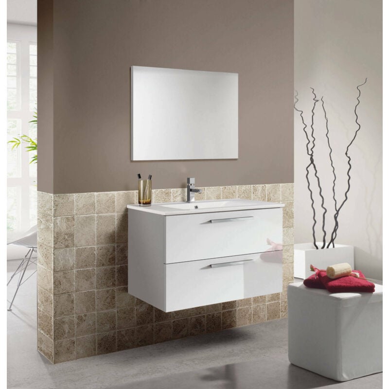 

Mueble bajo lavabo suspendido Dmora con dos cajones y espejo, 80 x 57 x 45 cm, color blanco brillo