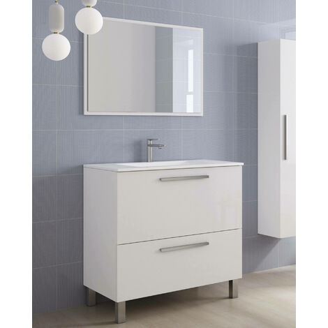 Dmora Mueble de baño con dos cajones y espejo enmarcado, blanco brillo, 80 x 80 x 45 cm., con embalaje reforzado