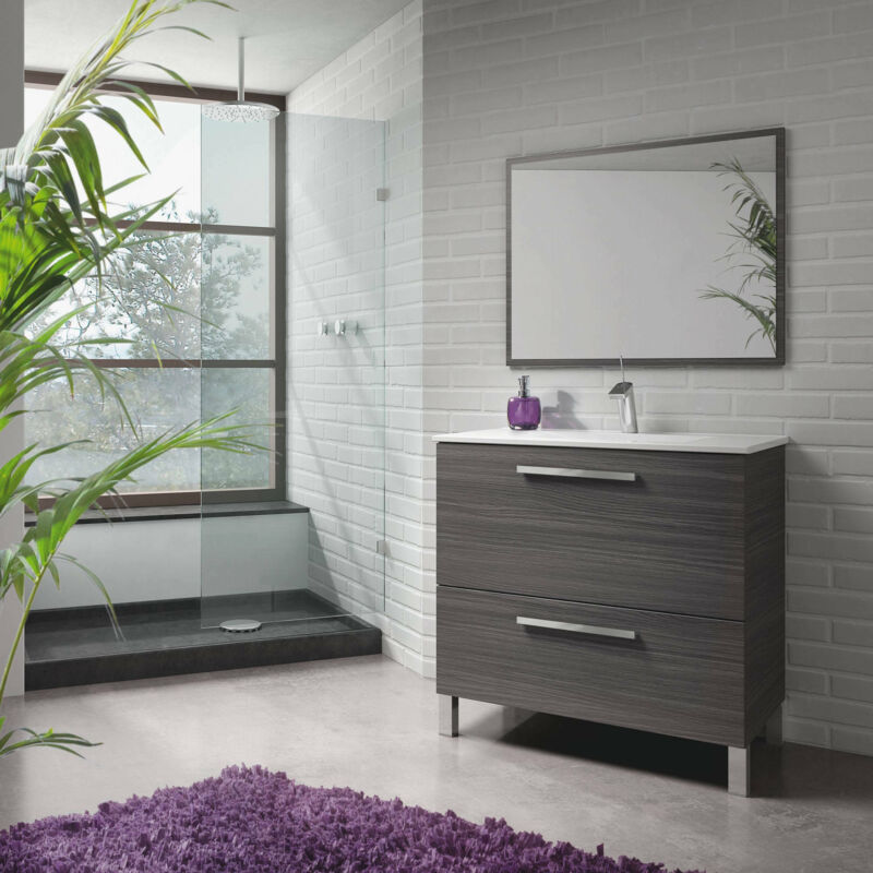 

Mueble bajo lavabo con dos cajones y espejo enmarcado, 80 x 80 x 45 cm, color gris ceniza - Dmora