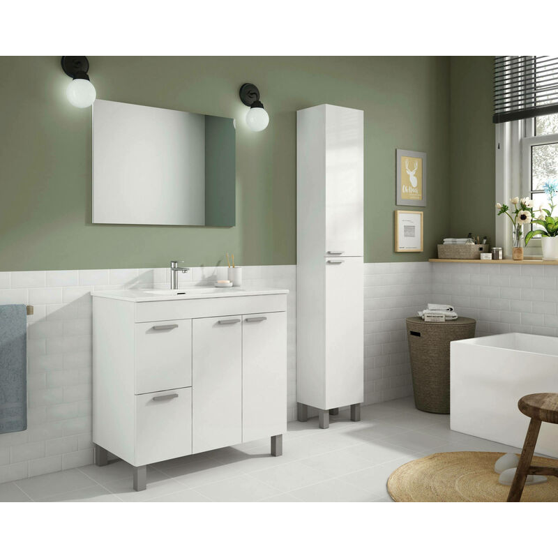 

Mueble bajo lavabo Dmora con dos puertas batientes y dos cajones, 80 x 80 x 45 cm, color blanco brillo