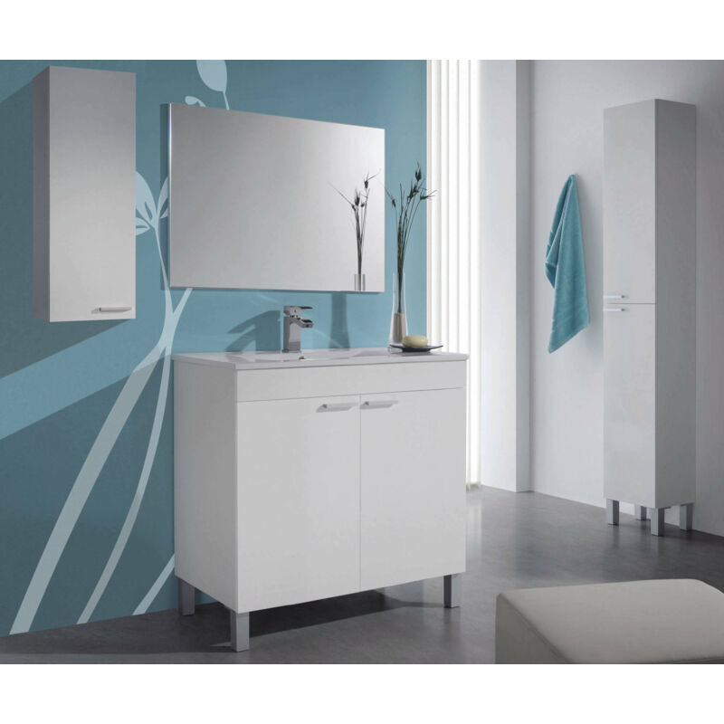 

Mueble bajo lavabo con dos puertas batientes y espejo, color blanco brillo, 80 x 80 x 45 cm. - Dmora