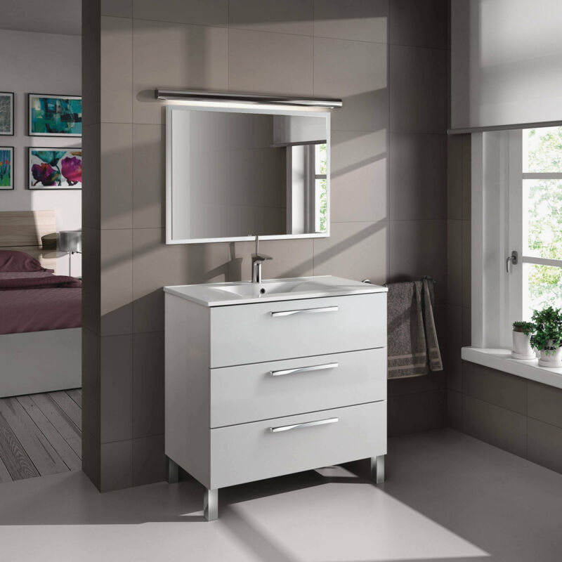 

Mueble de baño Dmora con tres cajones con espejo enmarcado, color blanco brillante, 80 x 86 x 45 cm