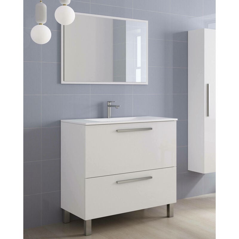 

Mueble de baño Dmora con dos cajones y un espejo enmarcado, color blanco brillante, 80 x 80 x 45 cm